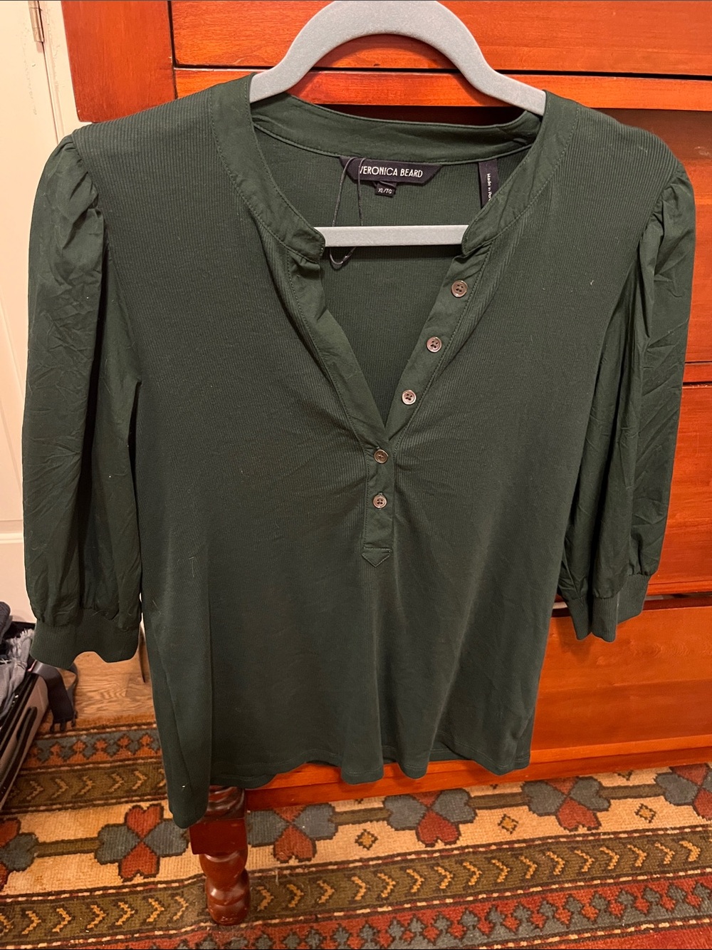 Veronica Beard Dark Green Button Henley Puff-Sleeve Top